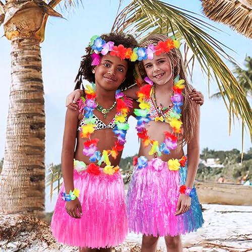 Fortuning's JDS Girls' Hawaiian Hula Grass Skirt Costume Set – 2 Pack with Lei Necklace, Headband & Bracelets for Luau & Beach Party