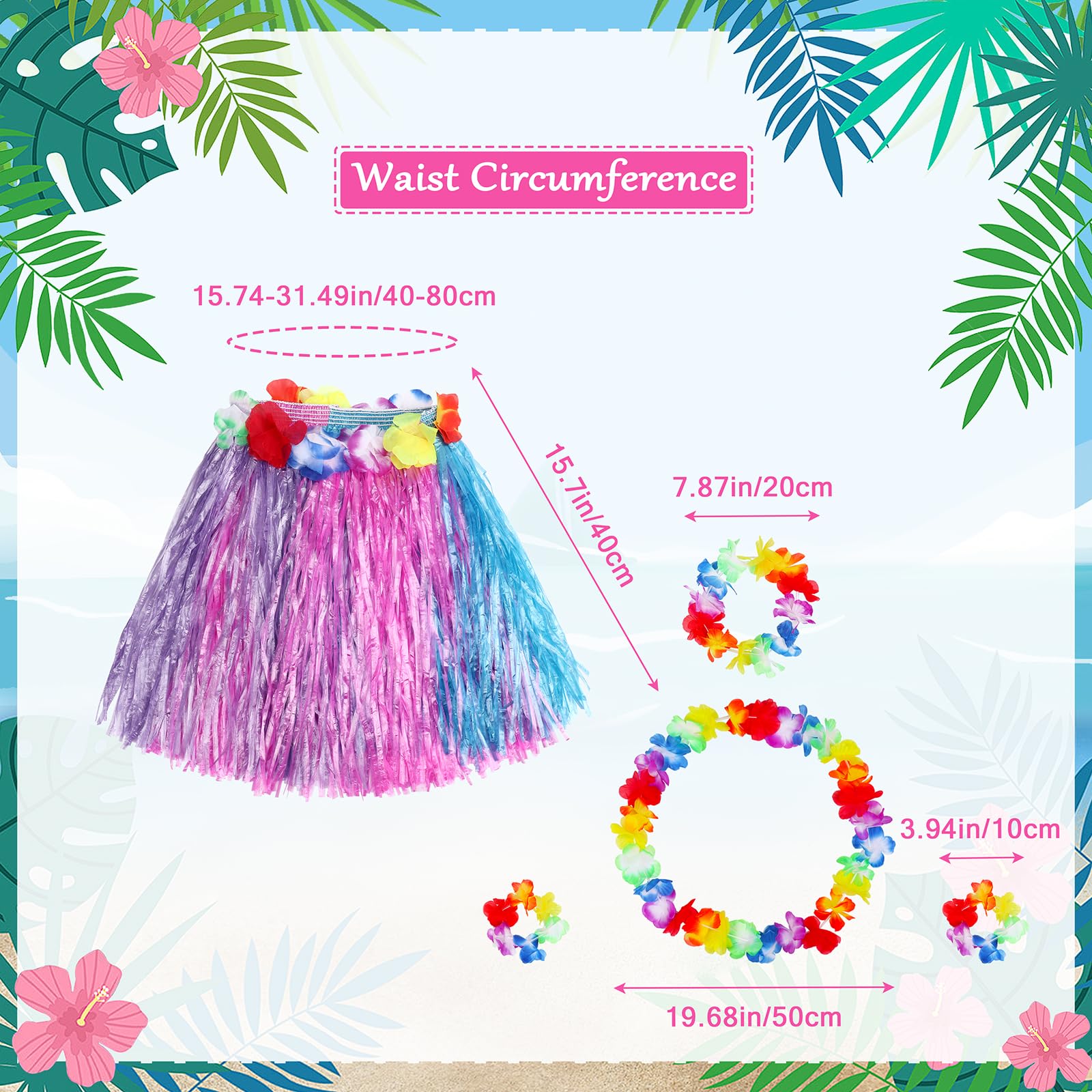 Fortuning's JDS Girls' Hawaiian Hula Grass Skirt Costume Set – 2 Pack with Lei Necklace, Headband & Bracelets for Luau & Beach Party