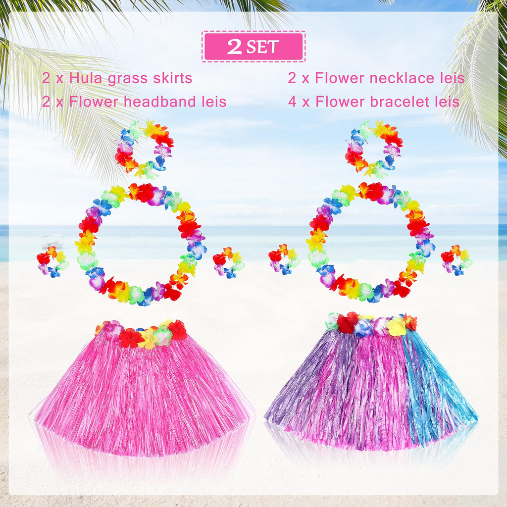 Fortuning's JDS Girls' Hawaiian Hula Grass Skirt Costume Set – 2 Pack with Lei Necklace, Headband & Bracelets for Luau & Beach Party