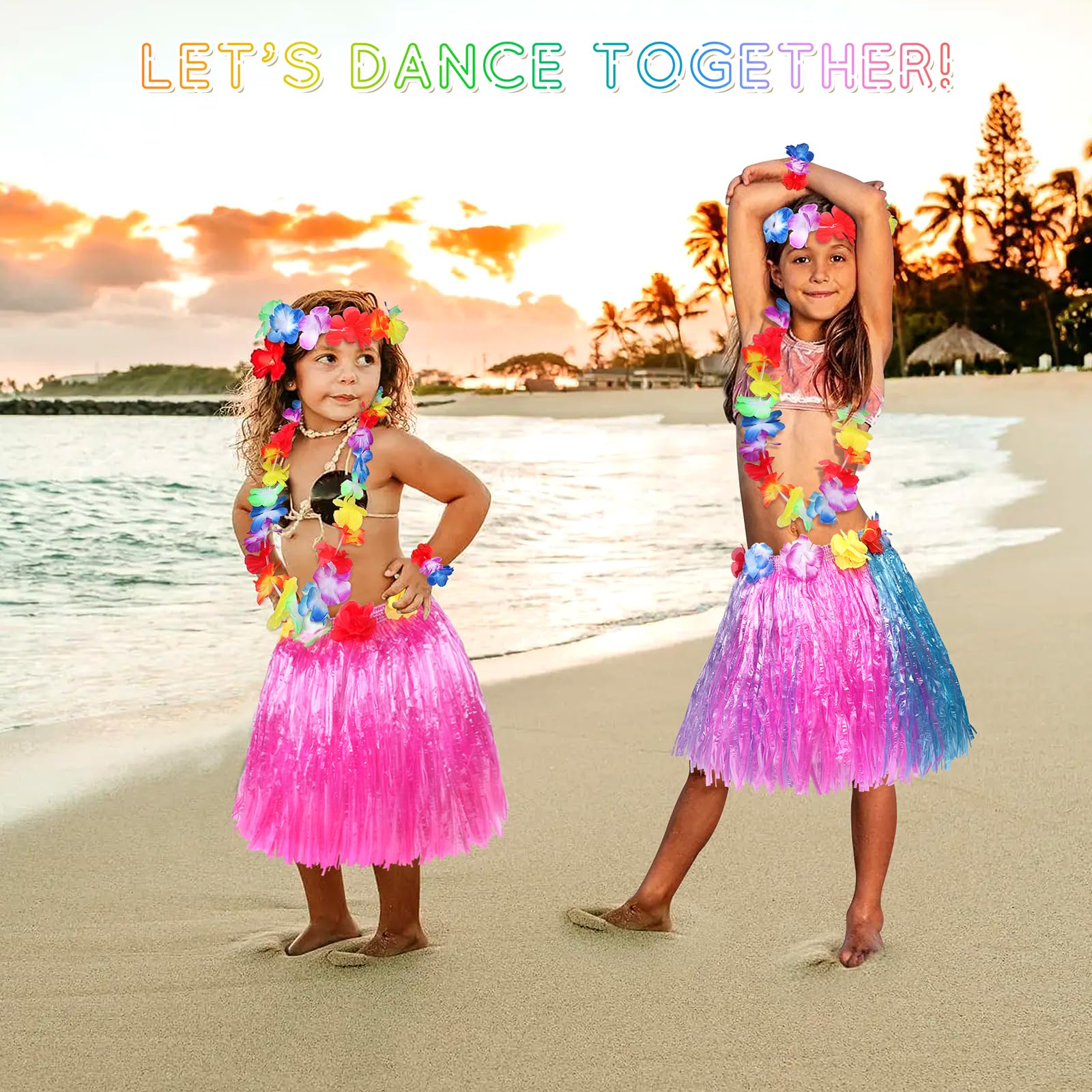 Fortuning's JDS Girls' Hawaiian Hula Grass Skirt Costume Set – 2 Pack with Lei Necklace, Headband & Bracelets for Luau & Beach Party
