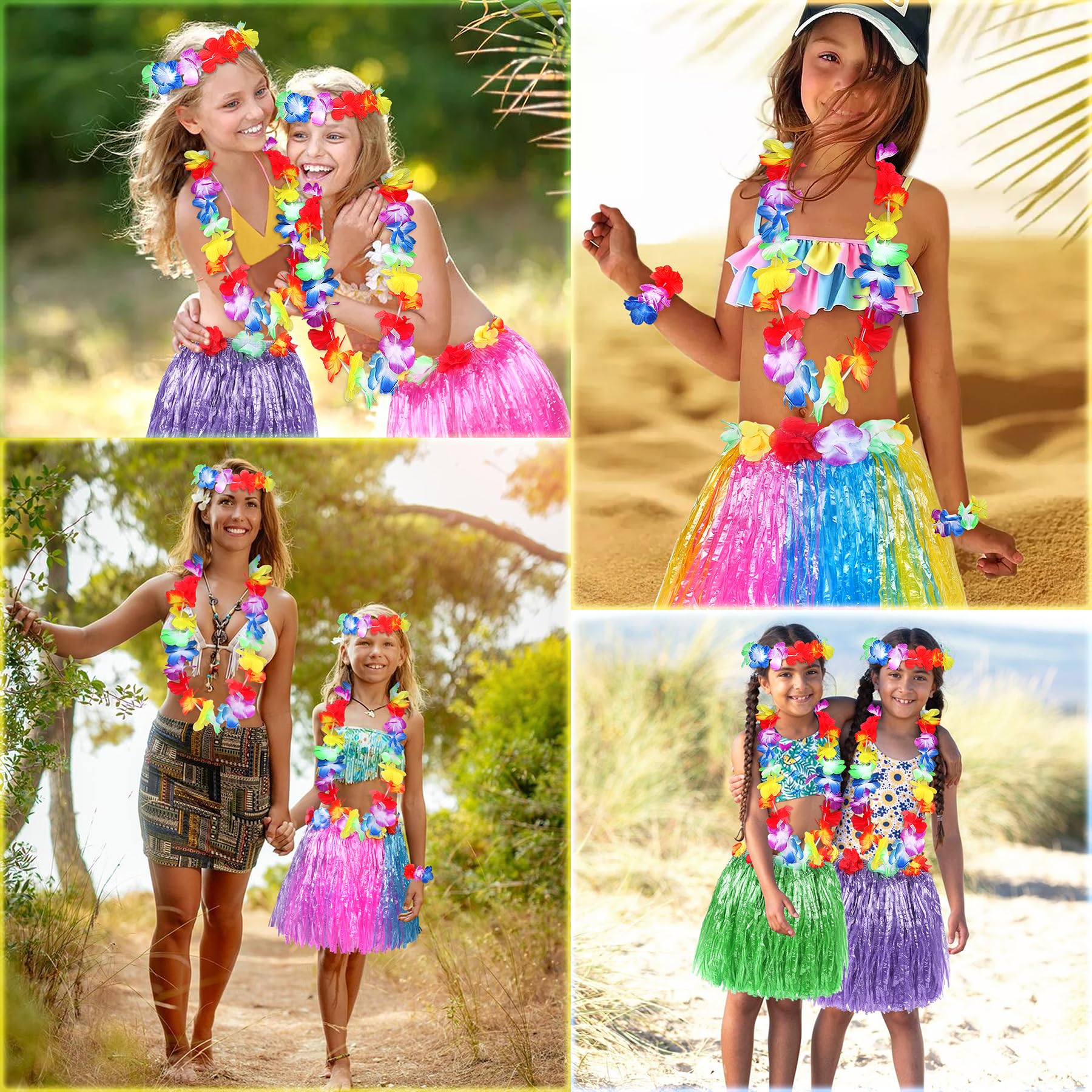 Fortuning's JDS Girls' Hawaiian Hula Grass Skirt Costume Set – 2 Pack with Lei Necklace, Headband & Bracelets for Luau & Beach Party