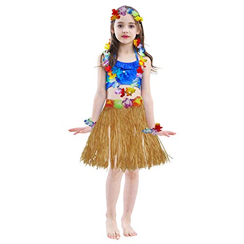 Fortuning's JDS Hawaiian Hula Dancer Grass Skirt and Flower Costume Set for Tropical Parties