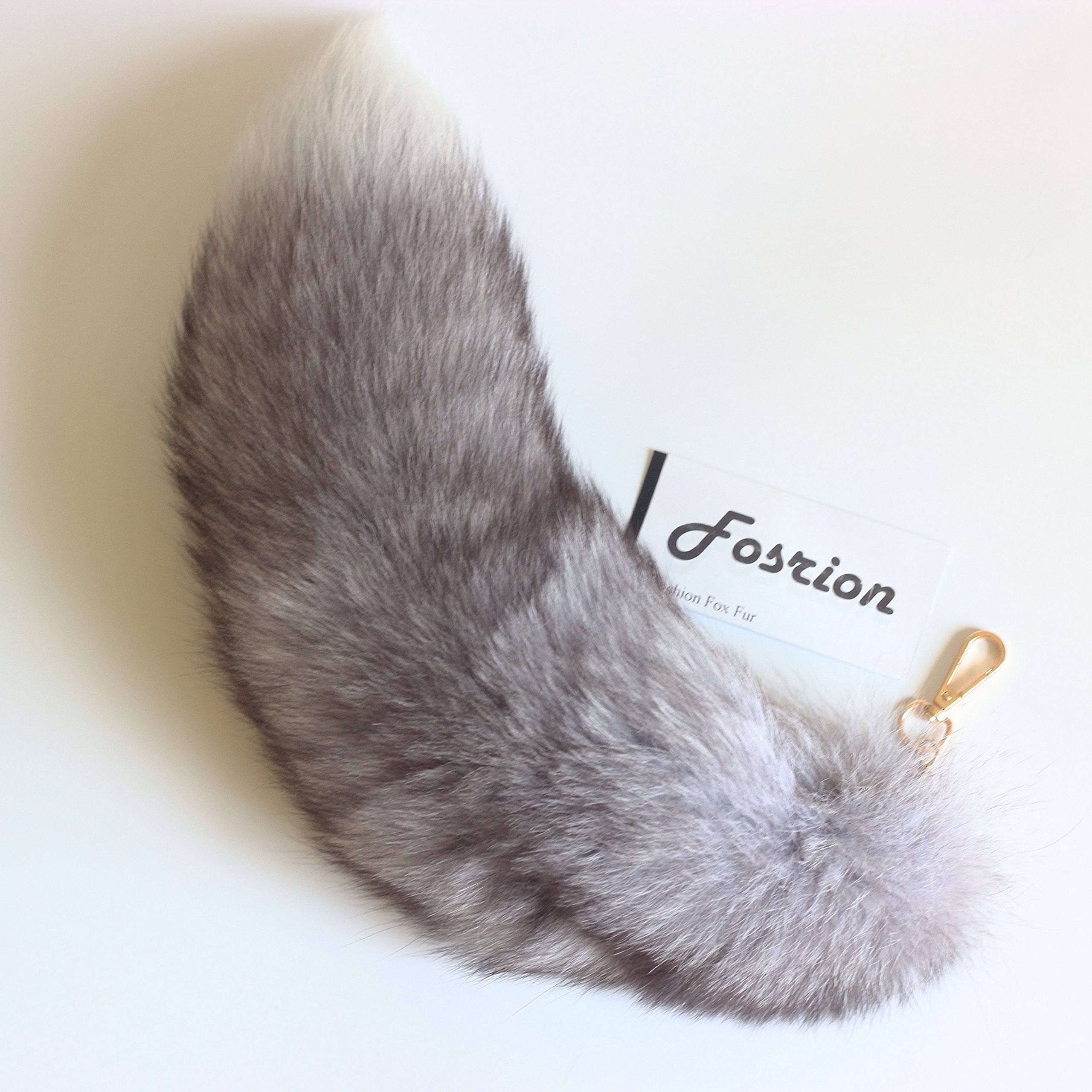Fosrion Genuine Silver Fox Tail Keychain – Sky Grey Fur, 16 Inch, Zinc Alloy Clip for Bags & Cosplay