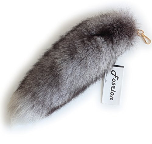 Fosrion Genuine Silver Fox Tail Keychain – Sky Grey Fur, 16 Inch, Zinc Alloy Clip for Bags & Cosplay