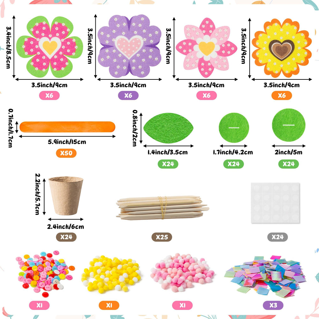 FoszaSzept 12-Pack Poking Felt Flower Craft Kit - DIY Heart-Shaped Standing Flowers with Pot, Back to School Home Art Activity