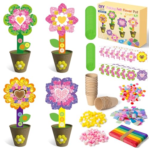 FoszaSzept 12-Pack Poking Felt Flower Craft Kit - DIY Heart-Shaped Standing Flowers with Pot, Back to School Home Art Activity