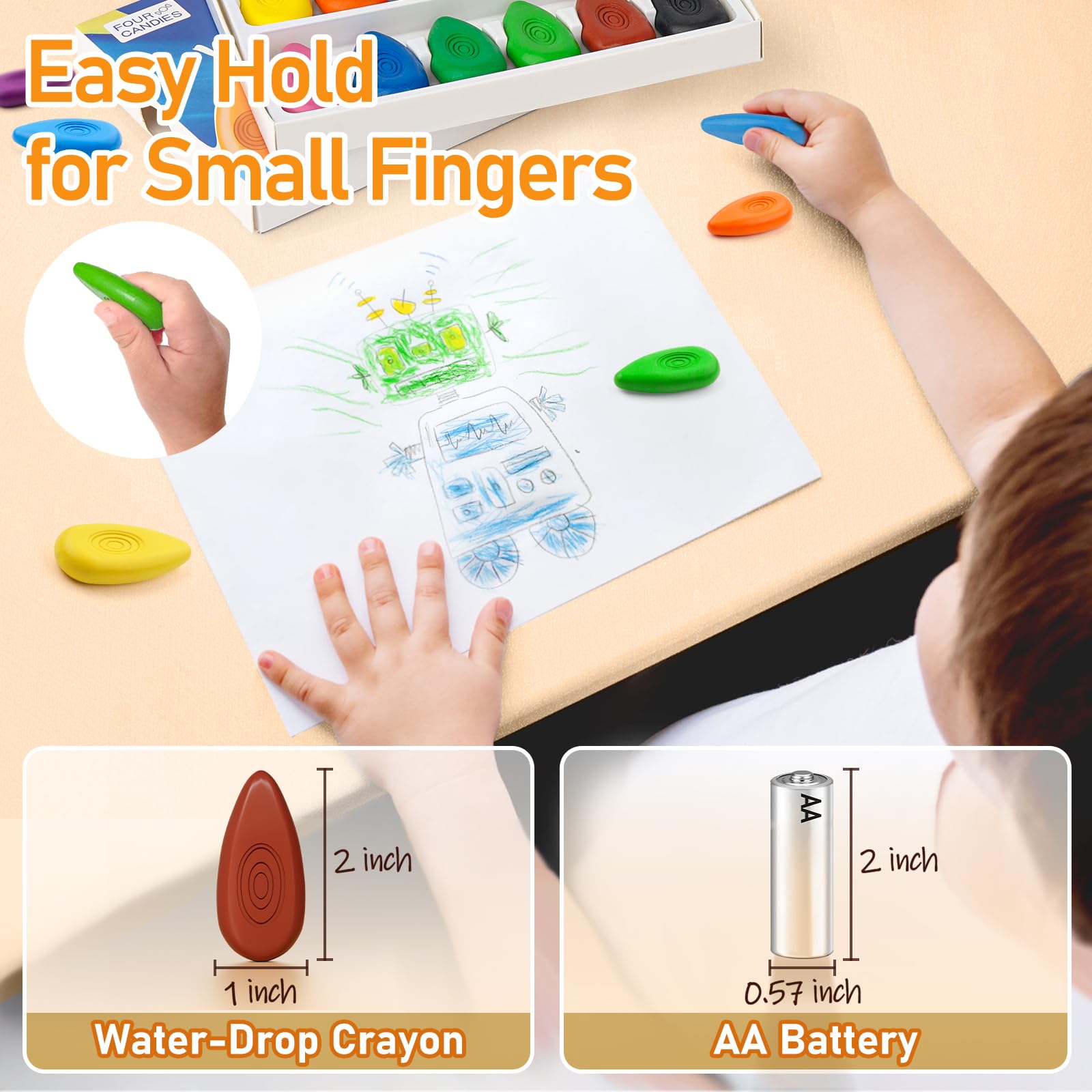 Four Candies Non-Toxic Washable Crayons 24 Colors – Easy-Grip Water-Drop Shape for Toddlers, Unbreakable