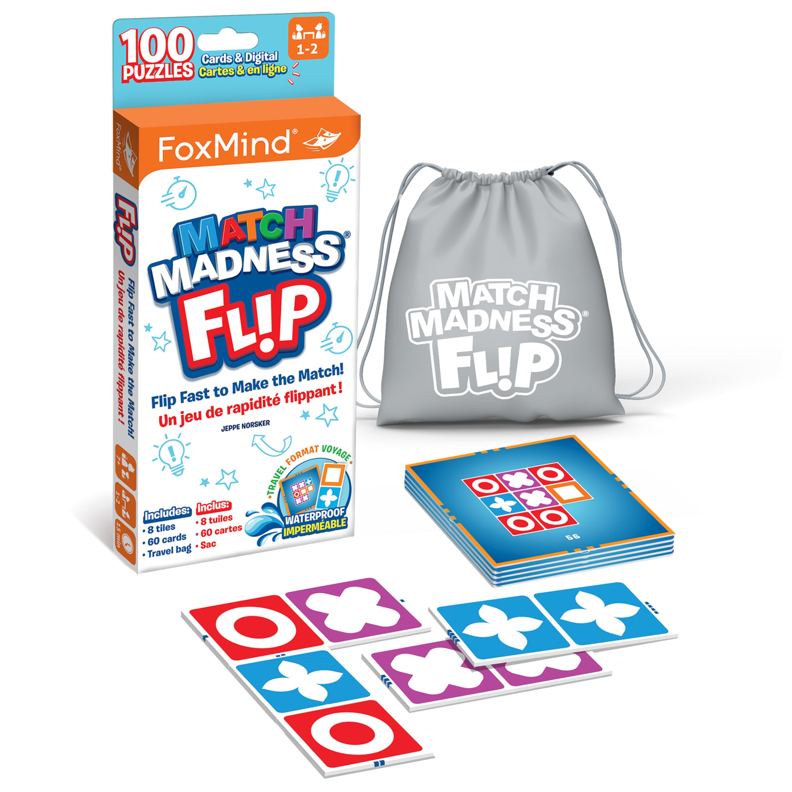 FoxMind Match Madness Flip: Travel-Sized Pattern Matching Puzzle Game with Waterproof Tiles and Cards