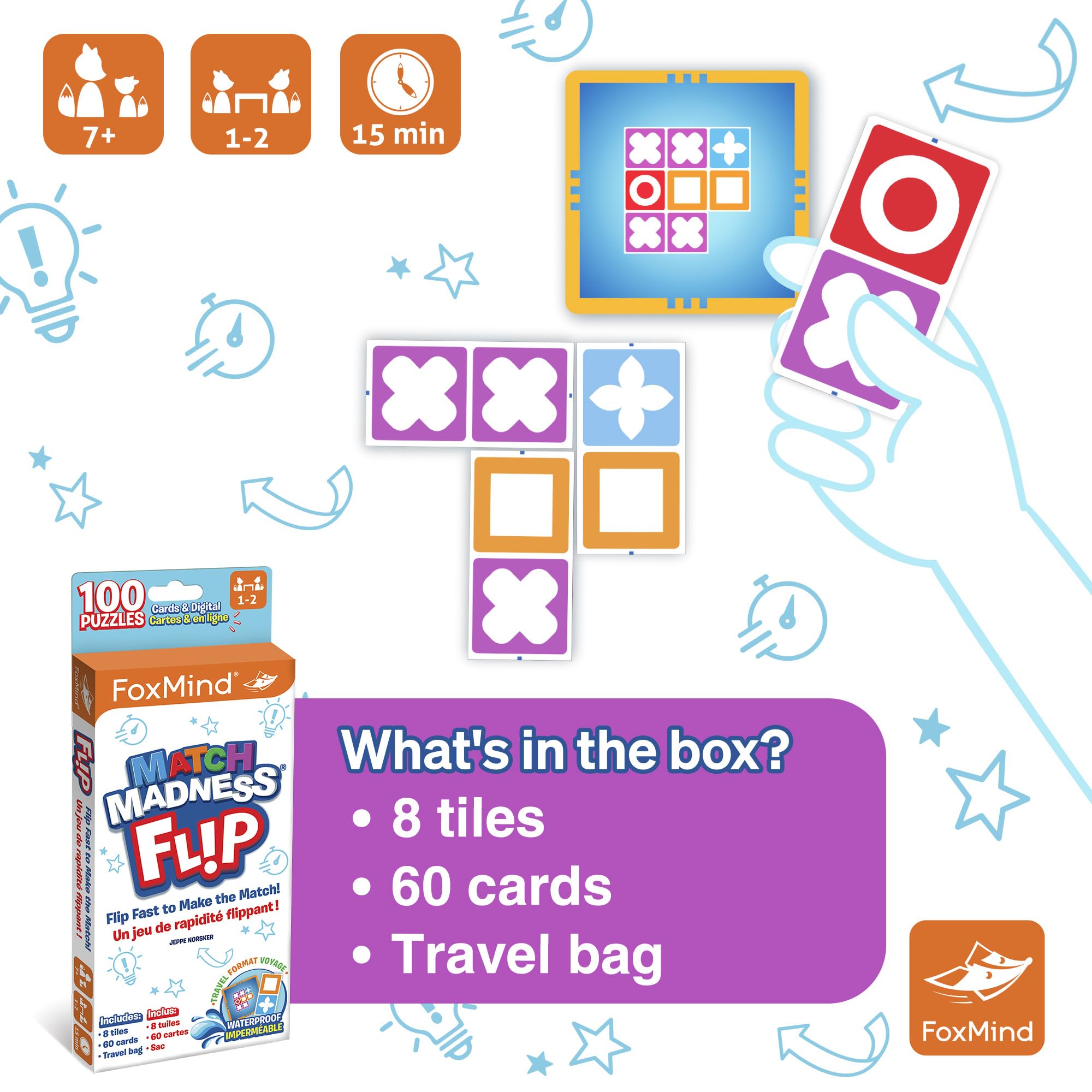 FoxMind Match Madness Flip: Travel-Sized Pattern Matching Puzzle Game with Waterproof Tiles and Cards