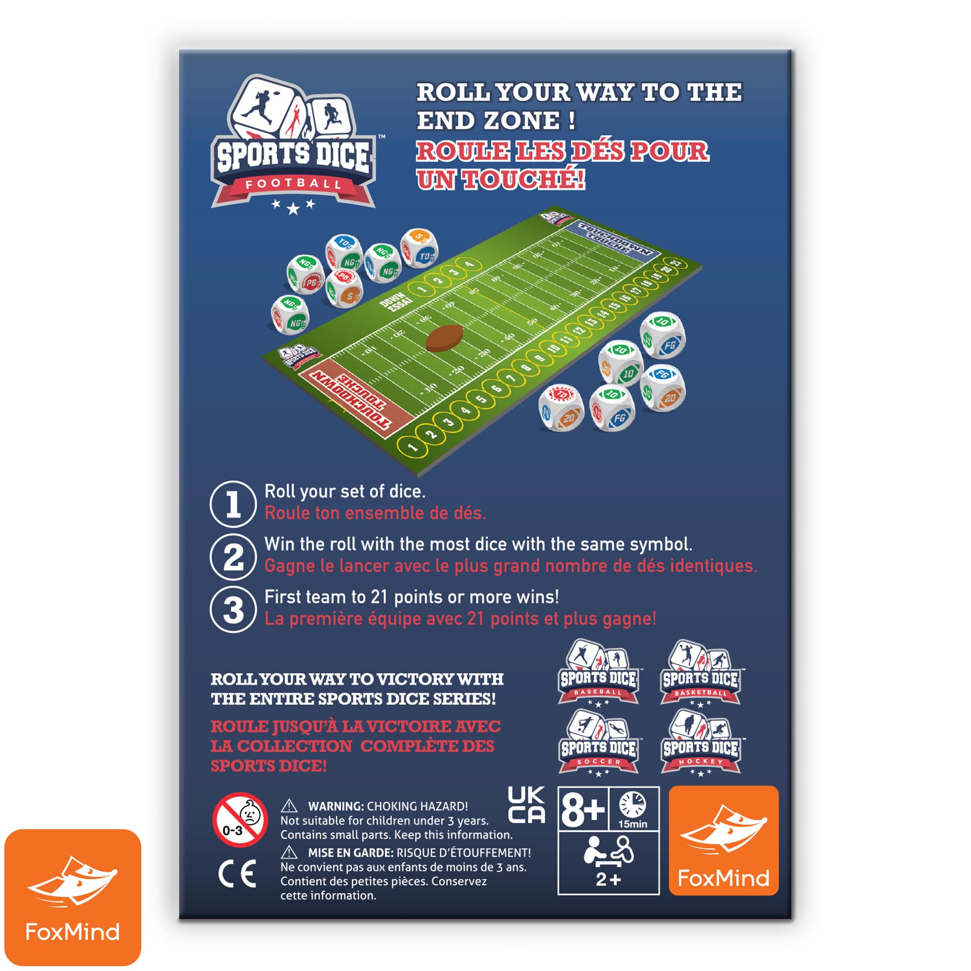 FoxMind Sports Dice Football - Fast-Paced Dice Game for 2 or 4 Players, Ages 7+