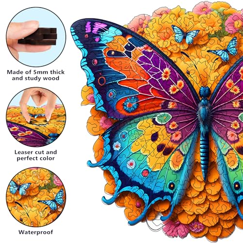 Foyucool Butterfly Wooden Jigsaw Puzzle – Irregular Animal Shapes, 11.8 x 9.1 Inches, Laser-Cut Basswood