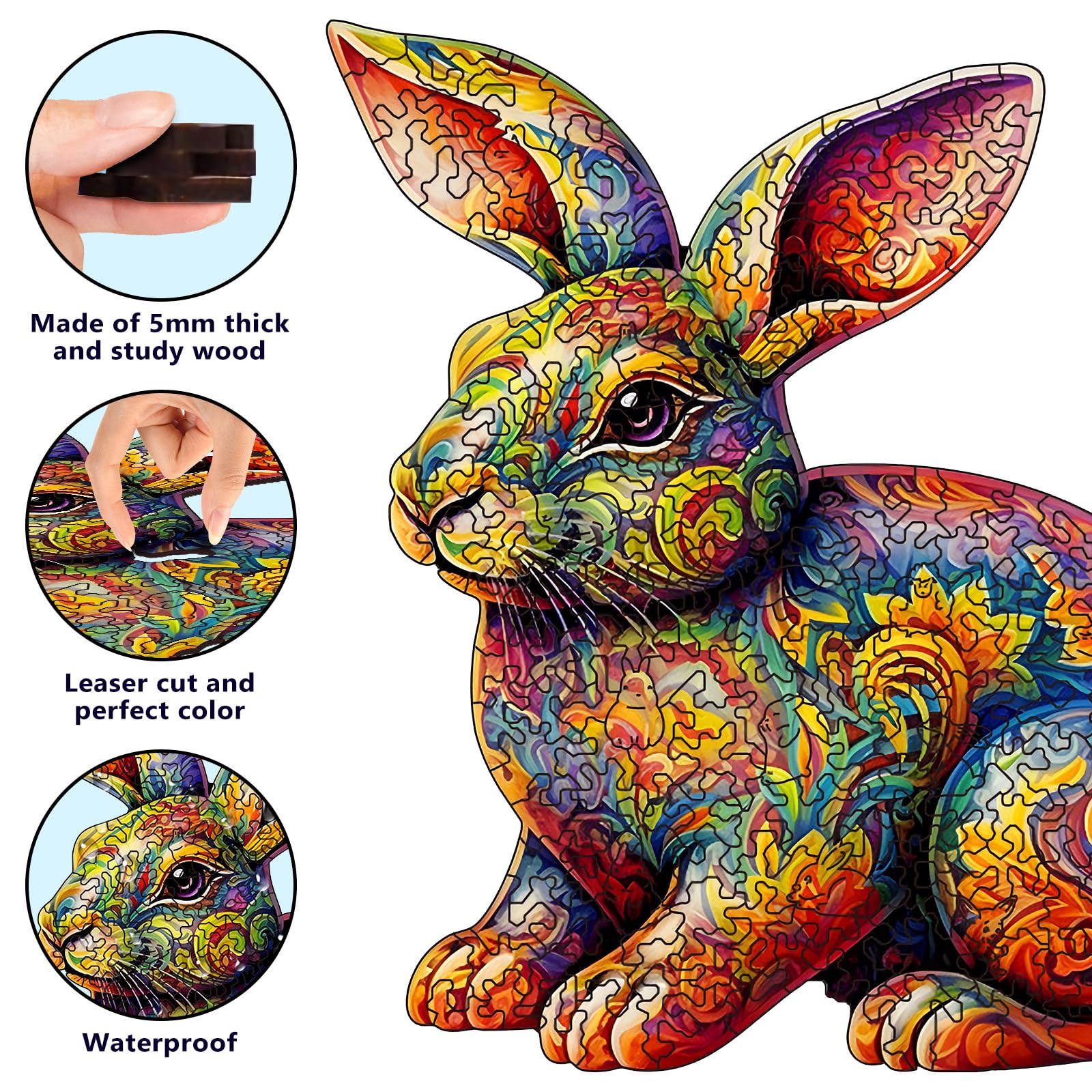Foyucool Rabbit Wooden Puzzle for Adults – 11.8 x 9.1 Inch Laser-Cut Basswood Jigsaw with Irregular Animal Shapes