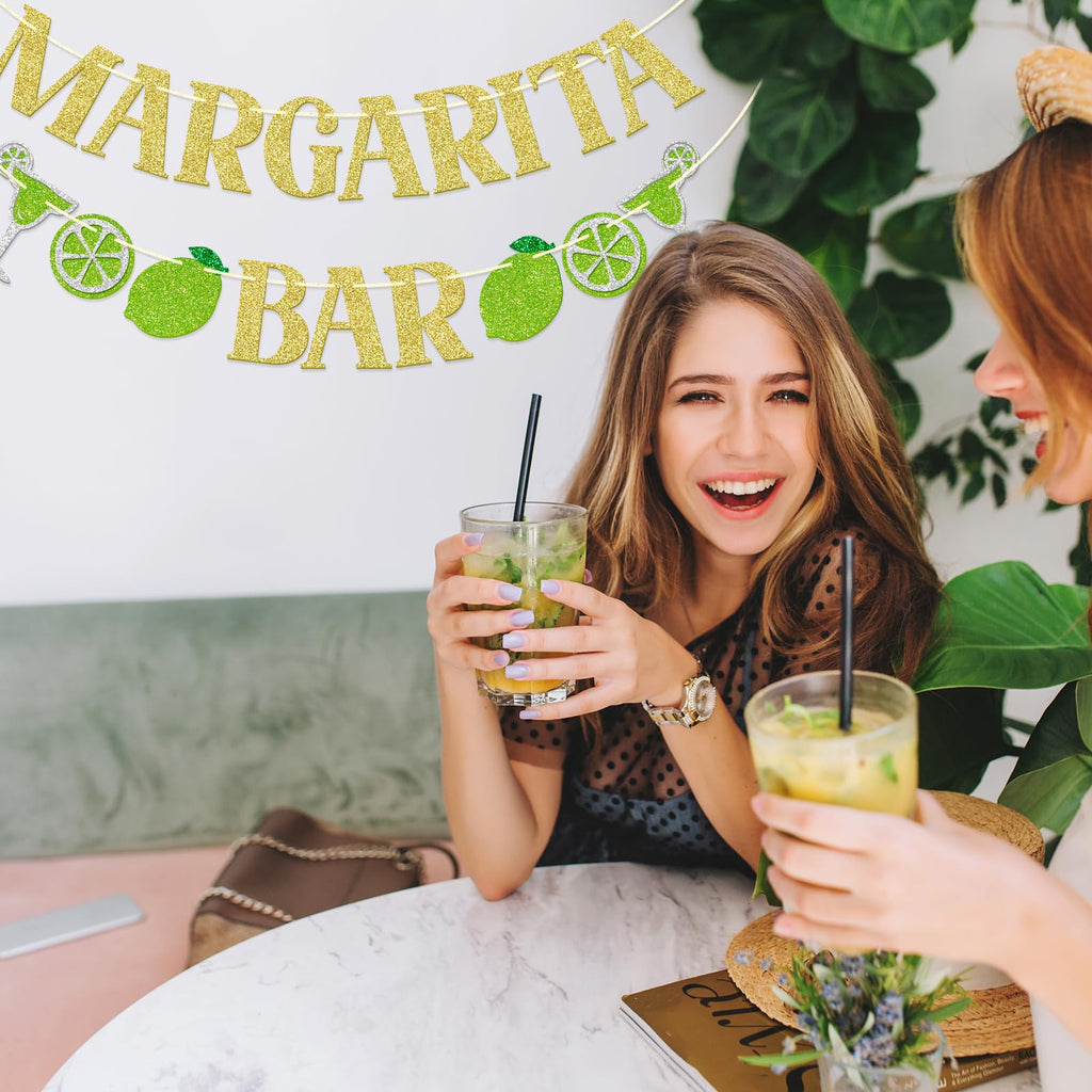FOZEE Margarita & Taco Bar Banner - Gold Glitter Mexican Party Decorations, 3.9 ft Pre-Strung Cardstock Banner
