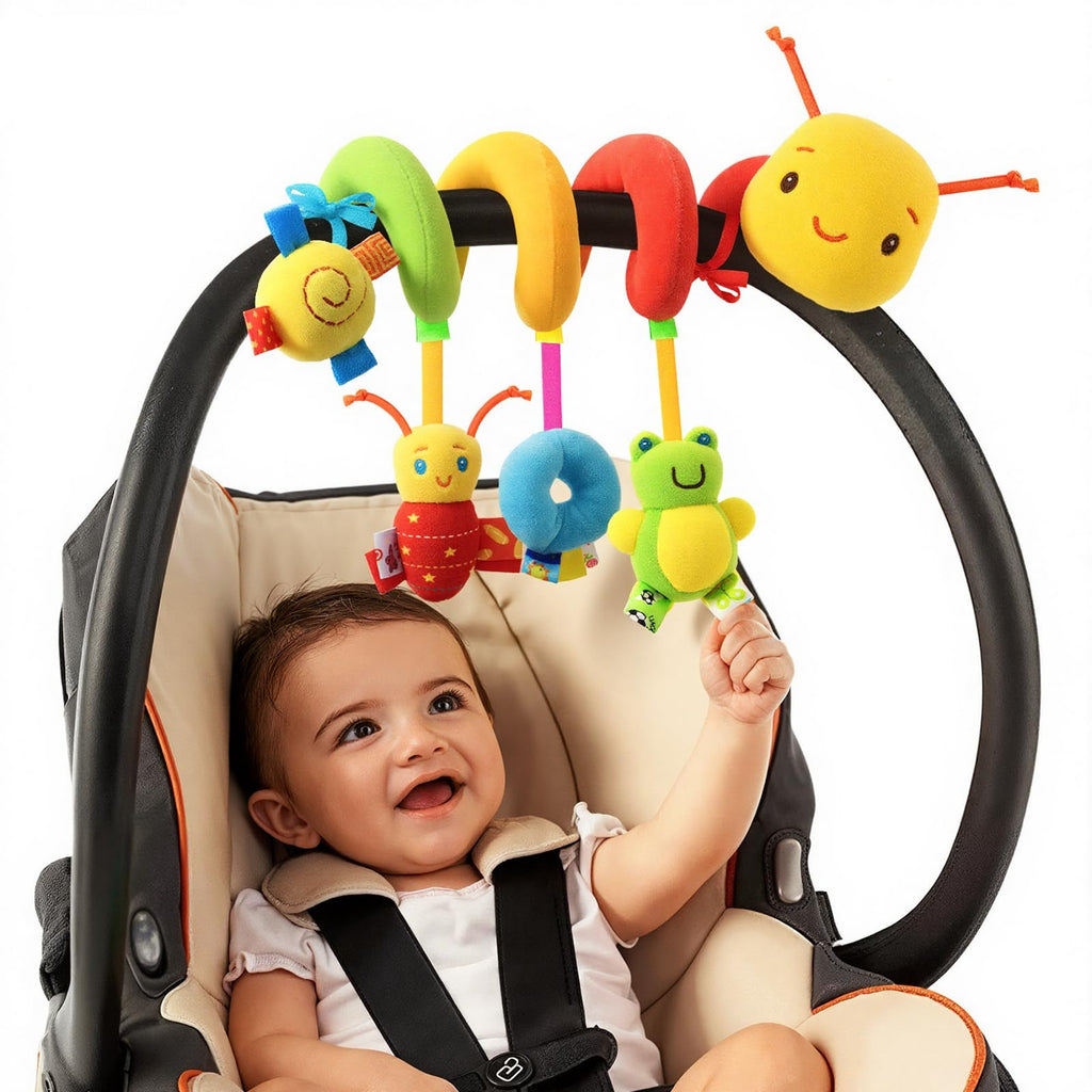 FPVERA Hanging Car Seat Toy for Babies 0-6 Months - Spiral Plush Caterpillar with Rattles, Sensory Stroller Toy for Newborn Boys Girls