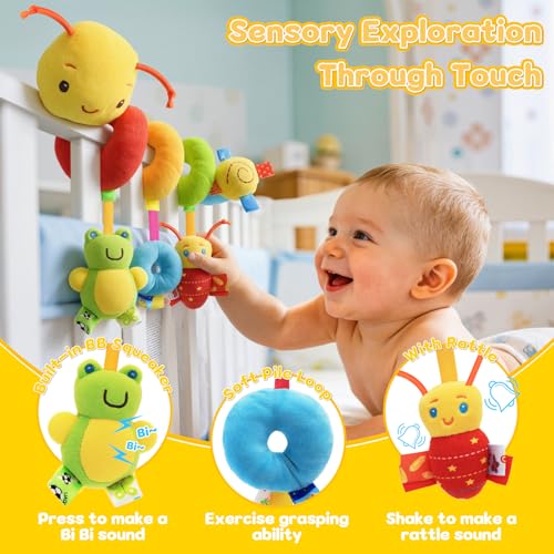 FPVERA Hanging Car Seat Toy for Babies 0-6 Months - Spiral Plush Caterpillar with Rattles, Sensory Stroller Toy for Newborn Boys Girls
