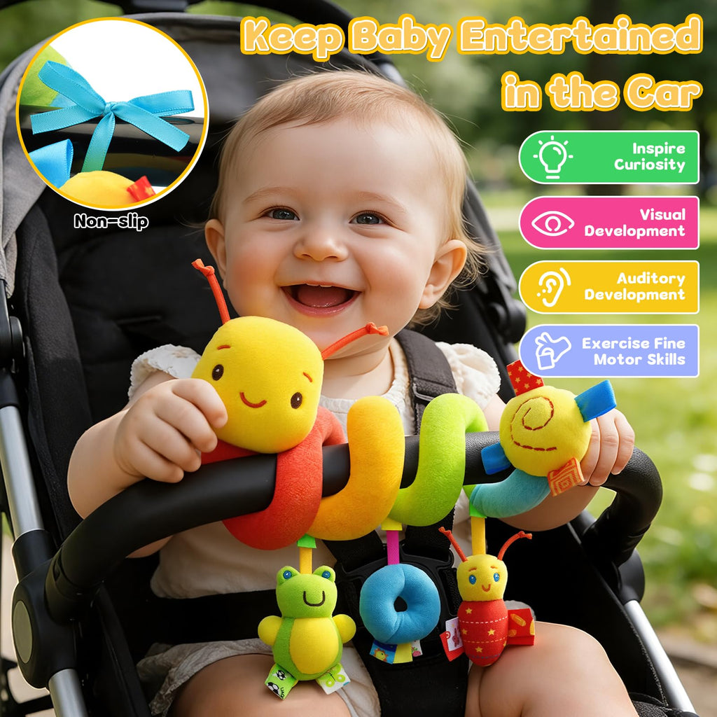 FPVERA Hanging Car Seat Toy for Babies 0-6 Months - Spiral Plush Caterpillar with Rattles, Sensory Stroller Toy for Newborn Boys Girls
