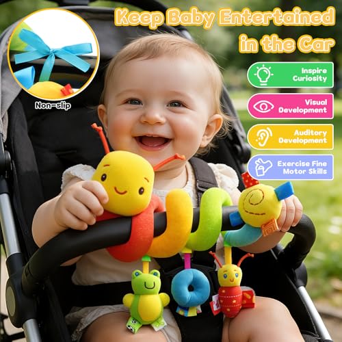FPVERA Hanging Car Seat Toy for Babies 0-6 Months - Spiral Plush Caterpillar with Rattles, Sensory Stroller Toy for Newborn Boys Girls