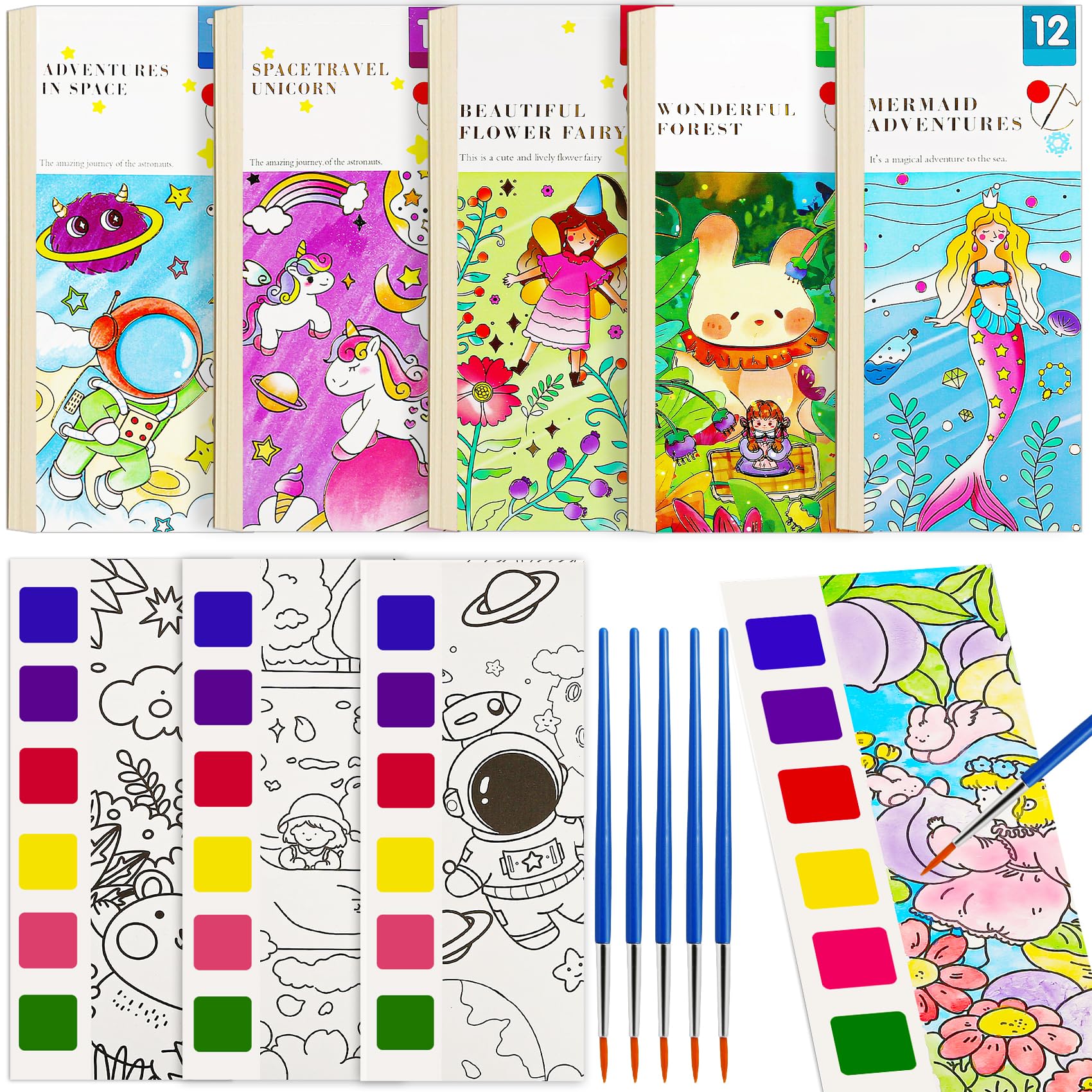 FQKIOMY 5-Pack Water Coloring Books for Kids Ages 3-8 - Mess-Free Watercolor Painting with Built-in Palette and Brush, Travel-Friendly Activity for Boys and Girls