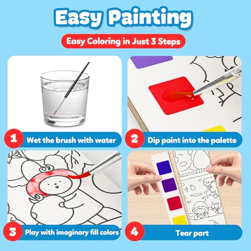 FQKIOMY 5-Pack Water Coloring Books for Kids Ages 3-8 - Mess-Free Watercolor Painting with Built-in Palette and Brush, Travel-Friendly Activity for Boys and Girls