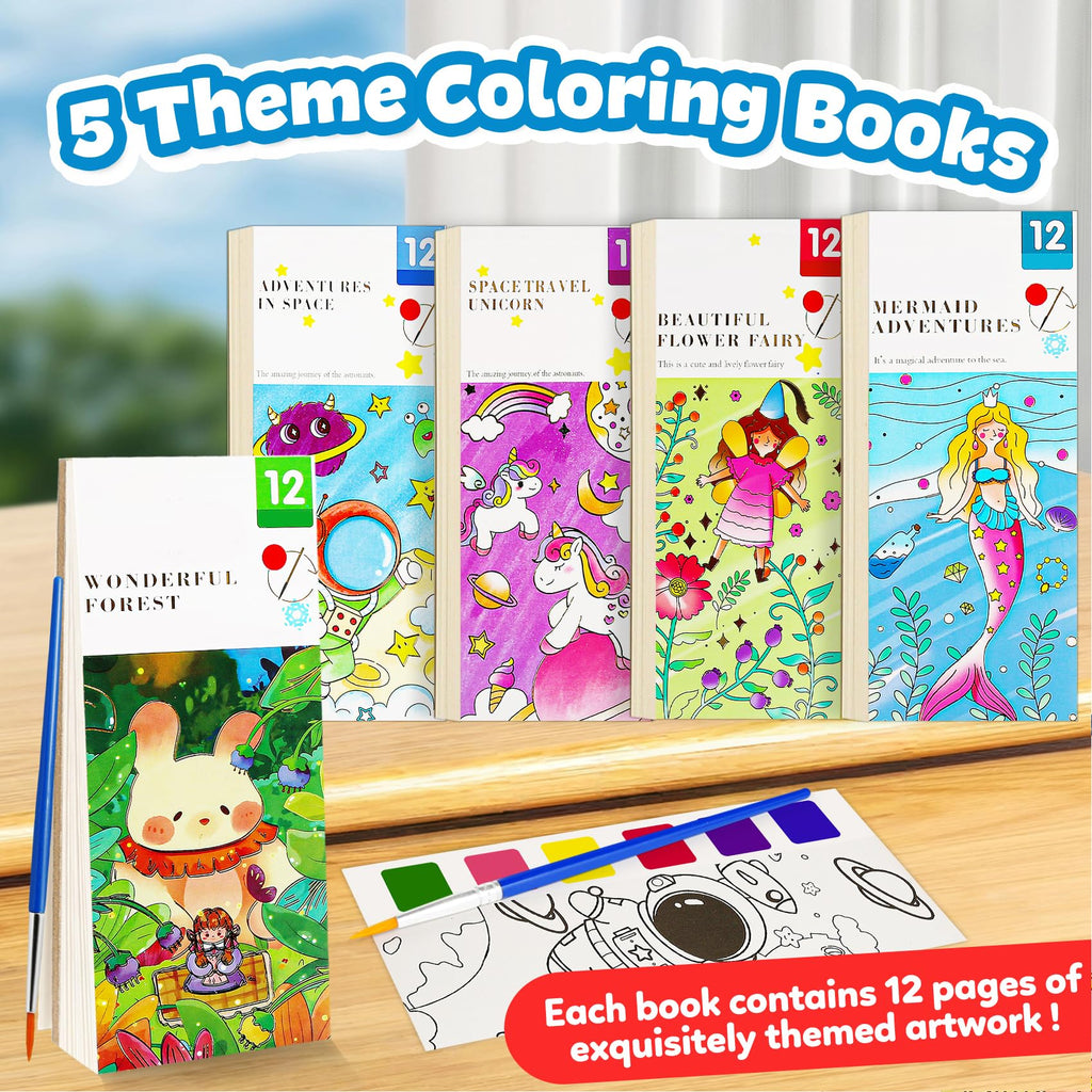 FQKIOMY 5-Pack Water Coloring Books for Kids Ages 3-8 - Mess-Free Watercolor Painting with Built-in Palette and Brush, Travel-Friendly Activity for Boys and Girls