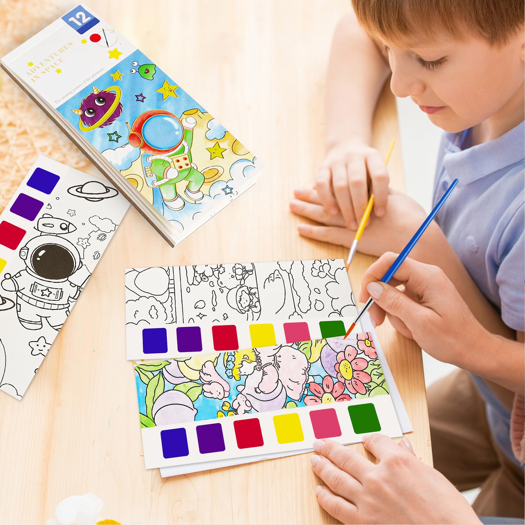 FQKIOMY 5-Pack Water Coloring Books for Kids Ages 3-8 - Mess-Free Watercolor Painting with Built-in Palette and Brush, Travel-Friendly Activity for Boys and Girls