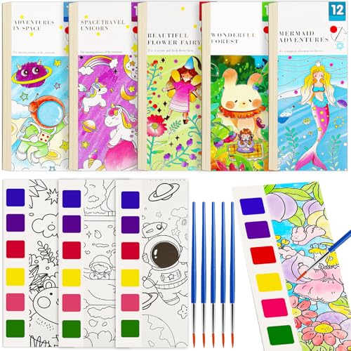 FQKIOMY 5-Pack Water Coloring Books for Kids Ages 3-8 - Mess-Free Watercolor Painting with Built-in Palette and Brush, Travel-Friendly Activity for Boys and Girls