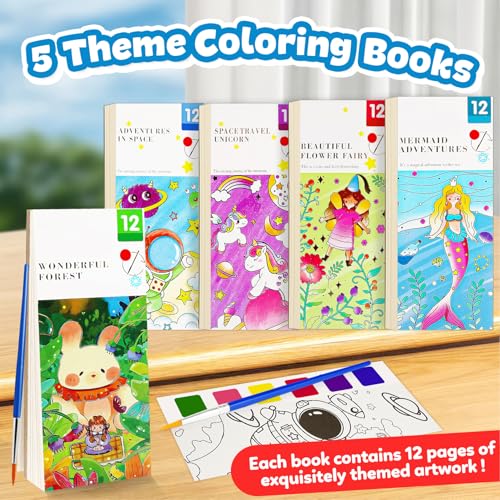 FQKIOMY 5-Pack Water Coloring Books for Kids Ages 3-8 - Mess-Free Watercolor Painting with Built-in Palette and Brush, Travel-Friendly Activity for Boys and Girls