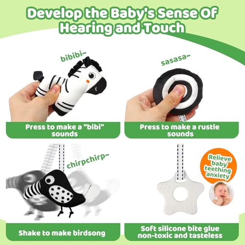 FQKIOMY Black and White High Contrast Baby Toys – Hanging Car Seat & Stroller Toy for Newborns 0-6 6-12 Months