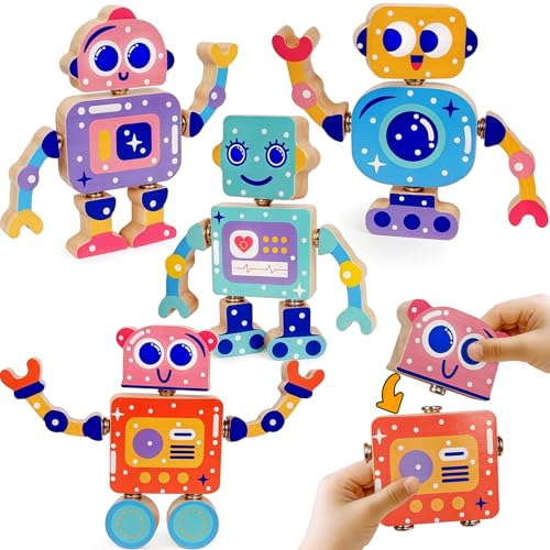 FQKIOMY Montessori Wooden Robot Toy – Snap-Together Building Set for Toddlers Ages 3-5