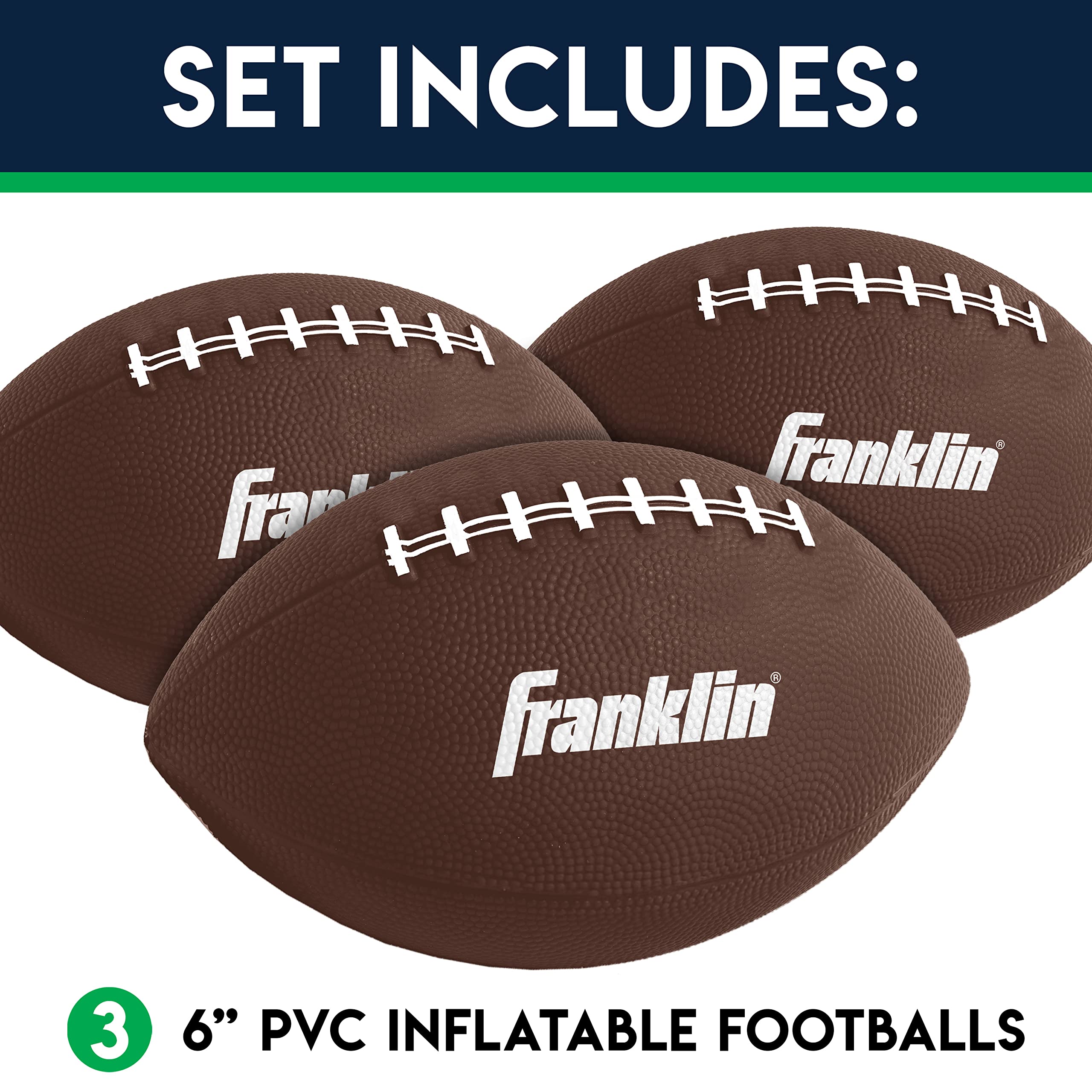 Franklin Sports Kids Mini Footballs Set – 3 Inflatable 6-Inch Toy Footballs with Air Pump