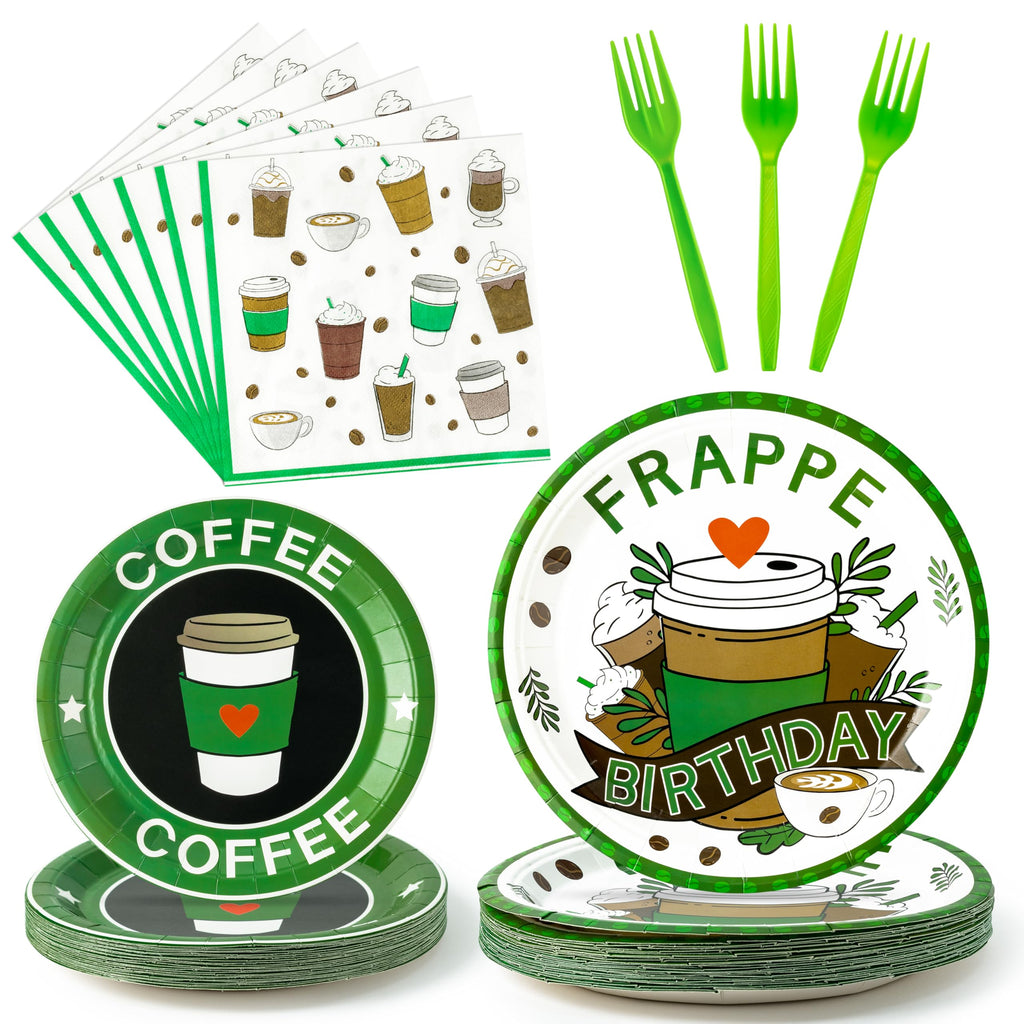 Frappe Coffee Themed 96-Piece Party Tableware Set – Disposable Plates, Napkins, Forks for 24 Guests