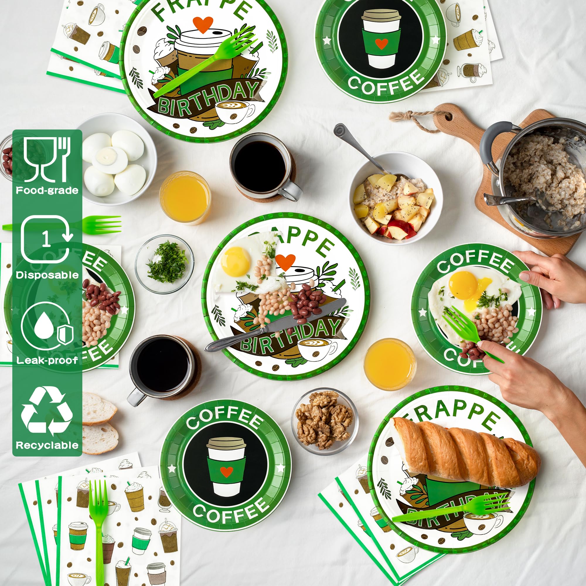 Frappe Coffee Themed 96-Piece Party Tableware Set – Disposable Plates, Napkins, Forks for 24 Guests