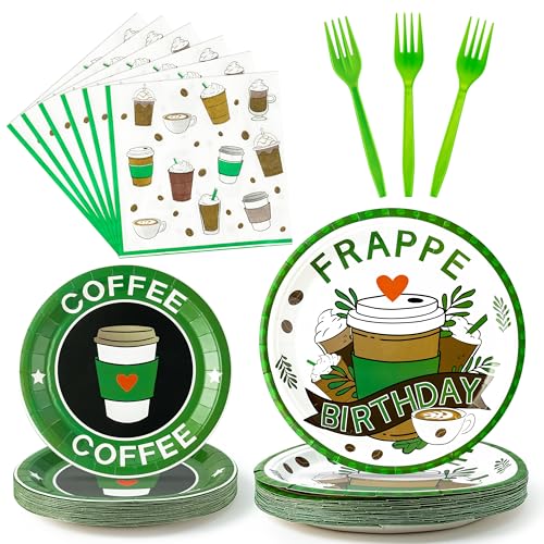 Frappe Coffee Themed 96-Piece Party Tableware Set – Disposable Plates, Napkins, Forks for 24 Guests
