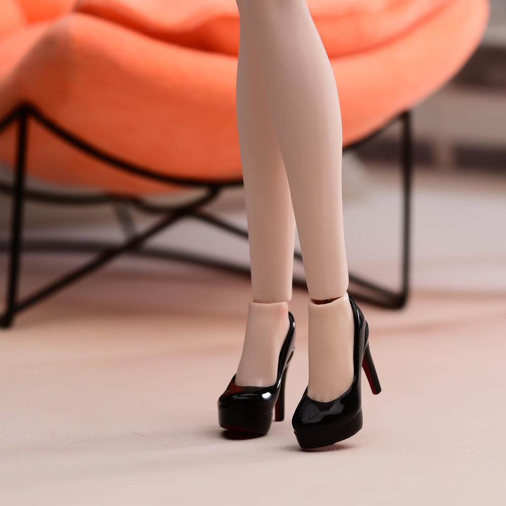Fremego 1/6 Scale Female High-Heeled Shoes for 12-inch Action Figures - Black Leather-Look Shoes