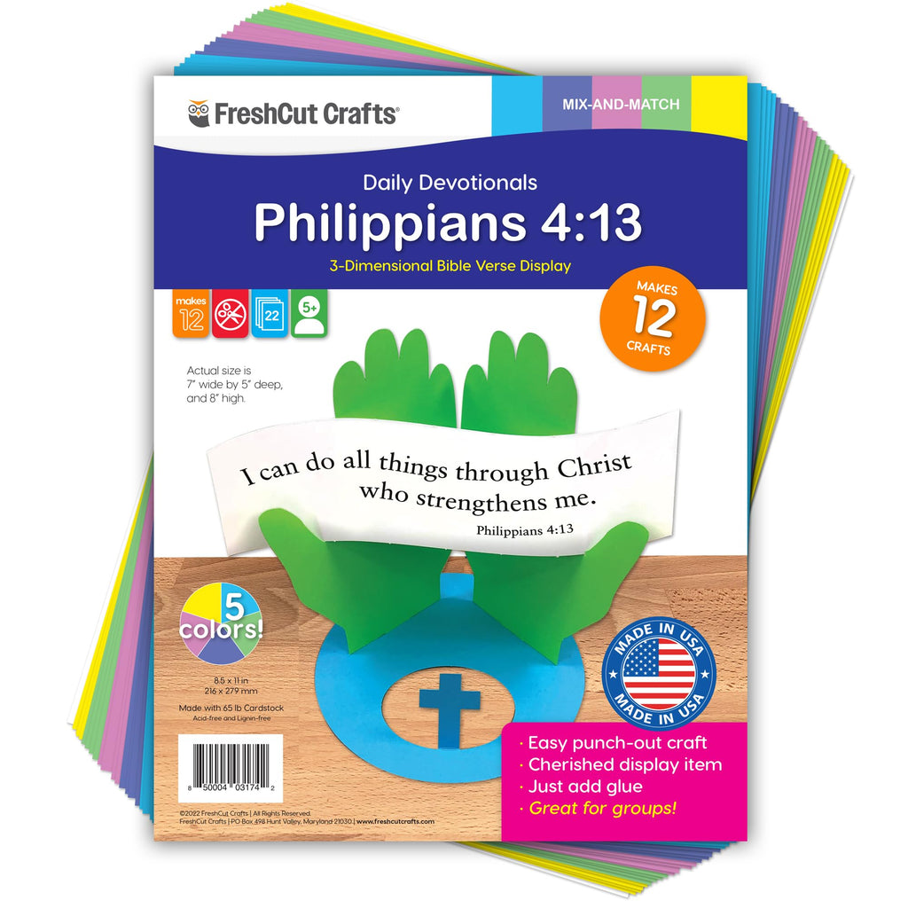 FreshCut Crafts Philippians 4:13 Punch-Out 3-D Paper Kit - 12 Colorful Tabletop Bible Crafts for Kids Ages 5+