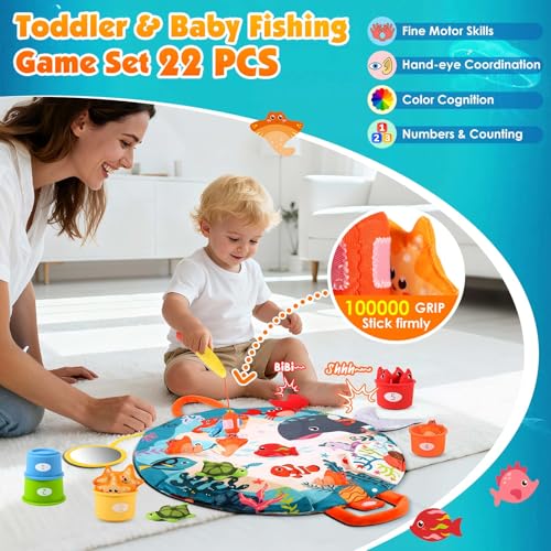 FREYBLI Montessori Fishing Toy Set for 1 Year Old – Cloth Toddler Fishing Game with Stacking Cups, 15 Sea Animals, Velcro Fishing Pole, Silicone Cups, Ocean Mat Storage Bag, Sensory Baby Toy 12-18 Months