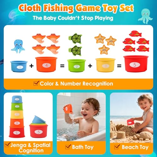 FREYBLI Montessori Fishing Toy Set for 1 Year Old – Cloth Toddler Fishing Game with Stacking Cups, 15 Sea Animals, Velcro Fishing Pole, Silicone Cups, Ocean Mat Storage Bag, Sensory Baby Toy 12-18 Months