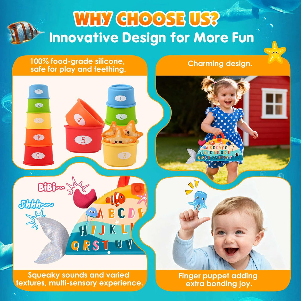 FREYBLI Montessori Fishing Toy Set for 1 Year Old – Cloth Toddler Fishing Game with Stacking Cups, 15 Sea Animals, Velcro Fishing Pole, Silicone Cups, Ocean Mat Storage Bag, Sensory Baby Toy 12-18 Months