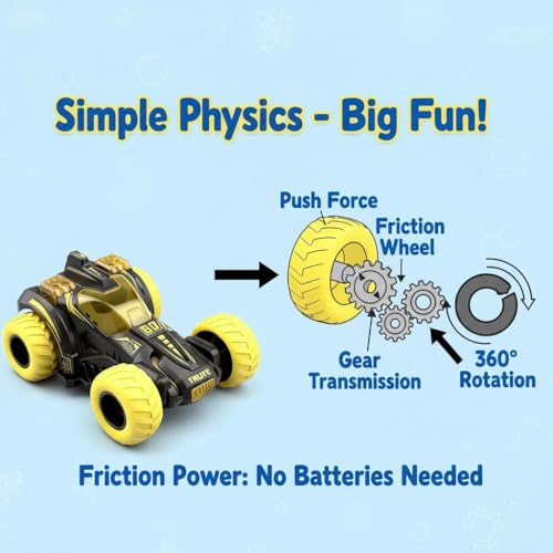 Friction Powered Flip Stunt Car – Push and Go Toy Car with 360° Spin for Kids 3+ (Yellow)