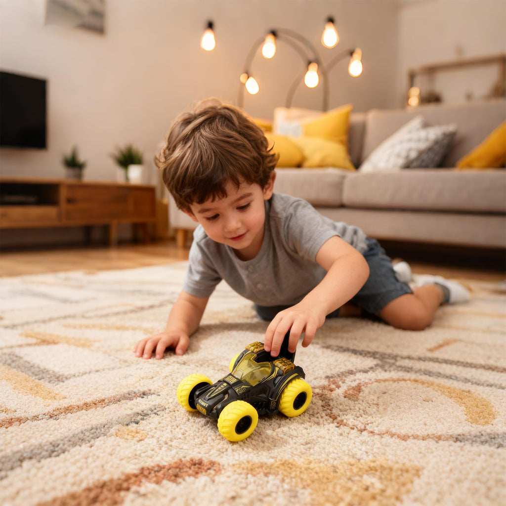 Friction Powered Flip Stunt Car – Push and Go Toy Car with 360° Spin for Kids 3+ (Yellow)