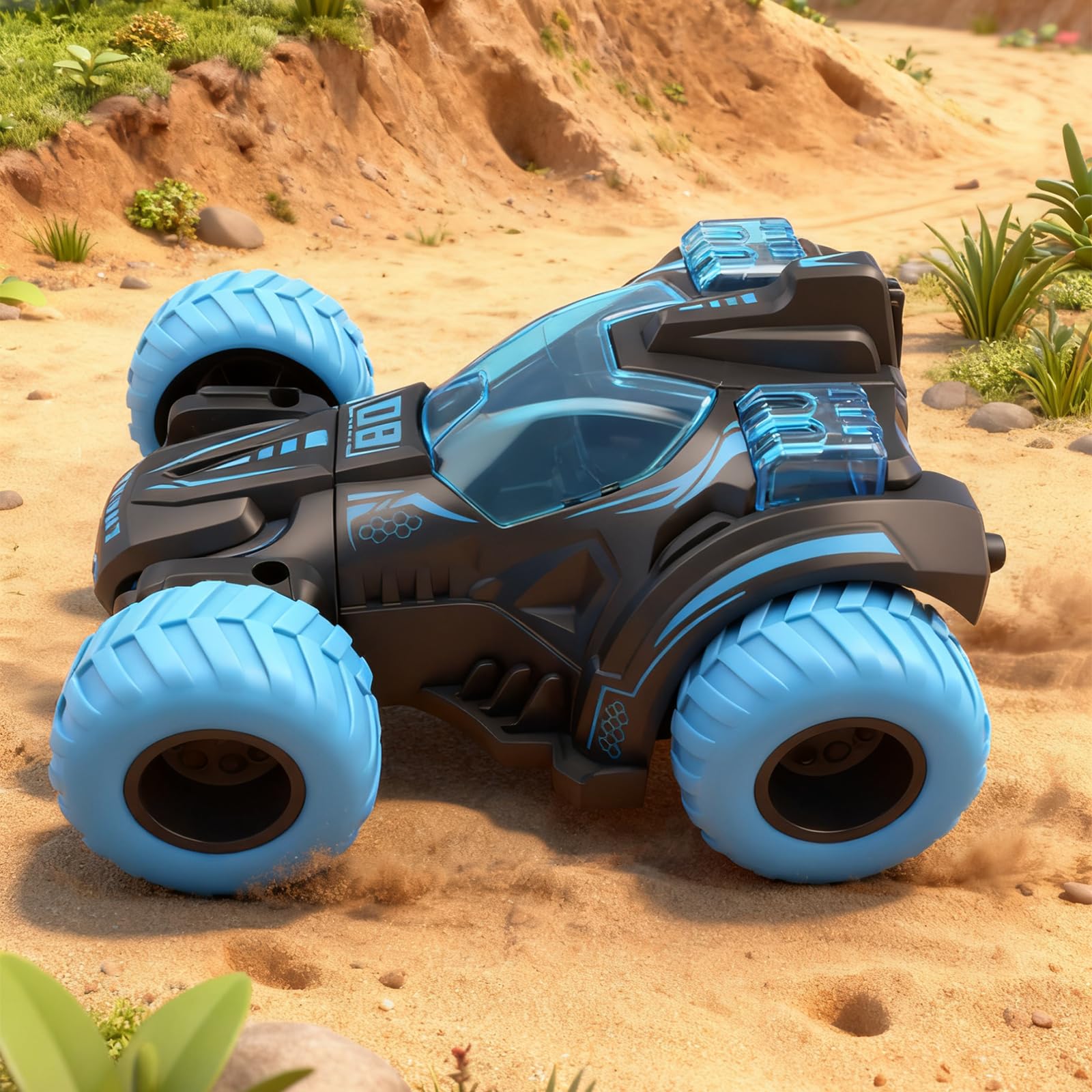 Friction Powered Flip Stunt Car – Push and Go Toy with 360° Spin, No Batteries Needed, for Kids Ages 3+ (Blue)