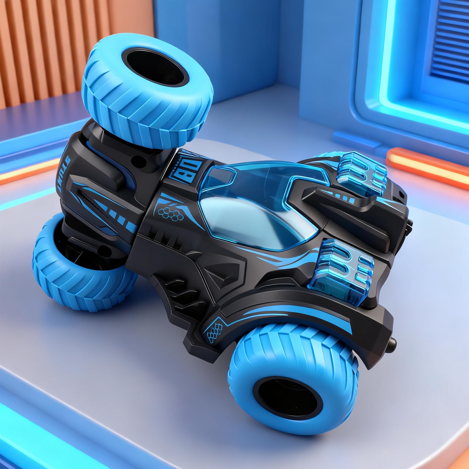 Friction Powered Flip Stunt Car – Push and Go Toy with 360° Spin, No Batteries Needed, for Kids Ages 3+ (Blue)