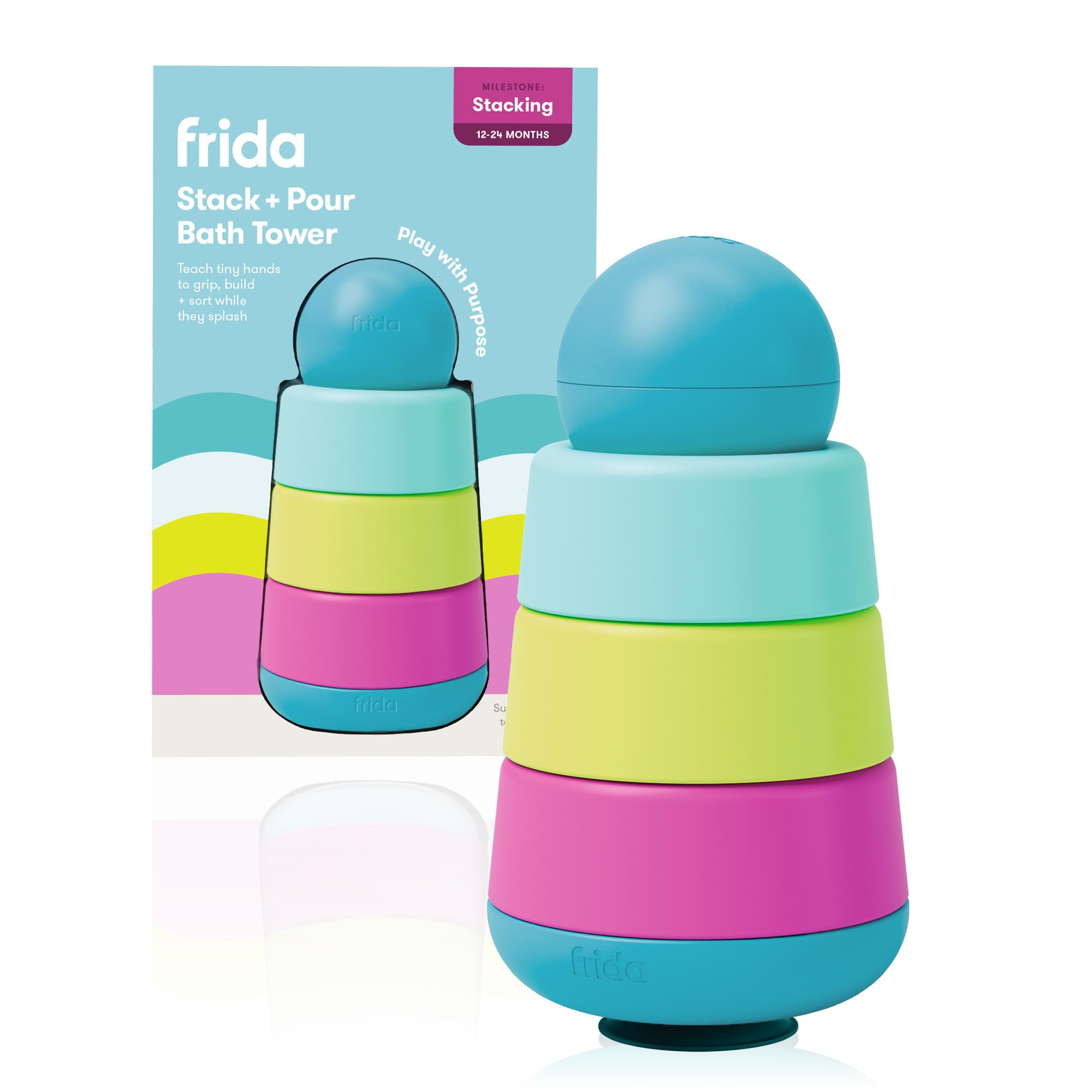 Frida Baby Stack + Pour Bath Tower - Bath Toy for Toddlers, Stacking Rings with Scoop, Ages 12+ Months