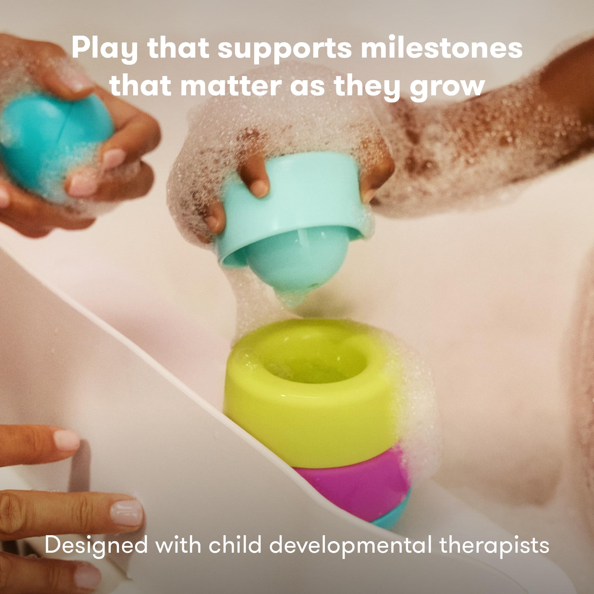 Frida Baby Stack + Pour Bath Tower - Bath Toy for Toddlers, Stacking Rings with Scoop, Ages 12+ Months