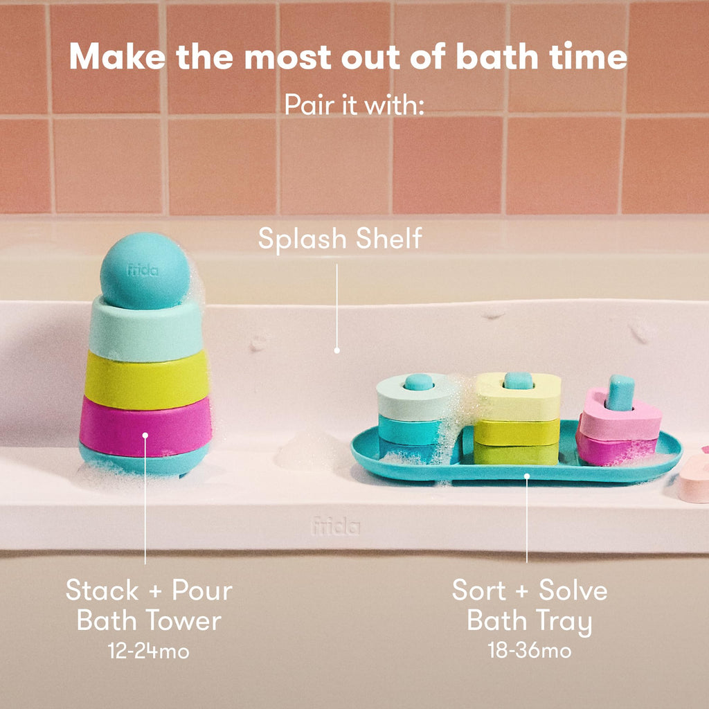 Frida Baby Stack + Pour Bath Tower - Bath Toy for Toddlers, Stacking Rings with Scoop, Ages 12+ Months
