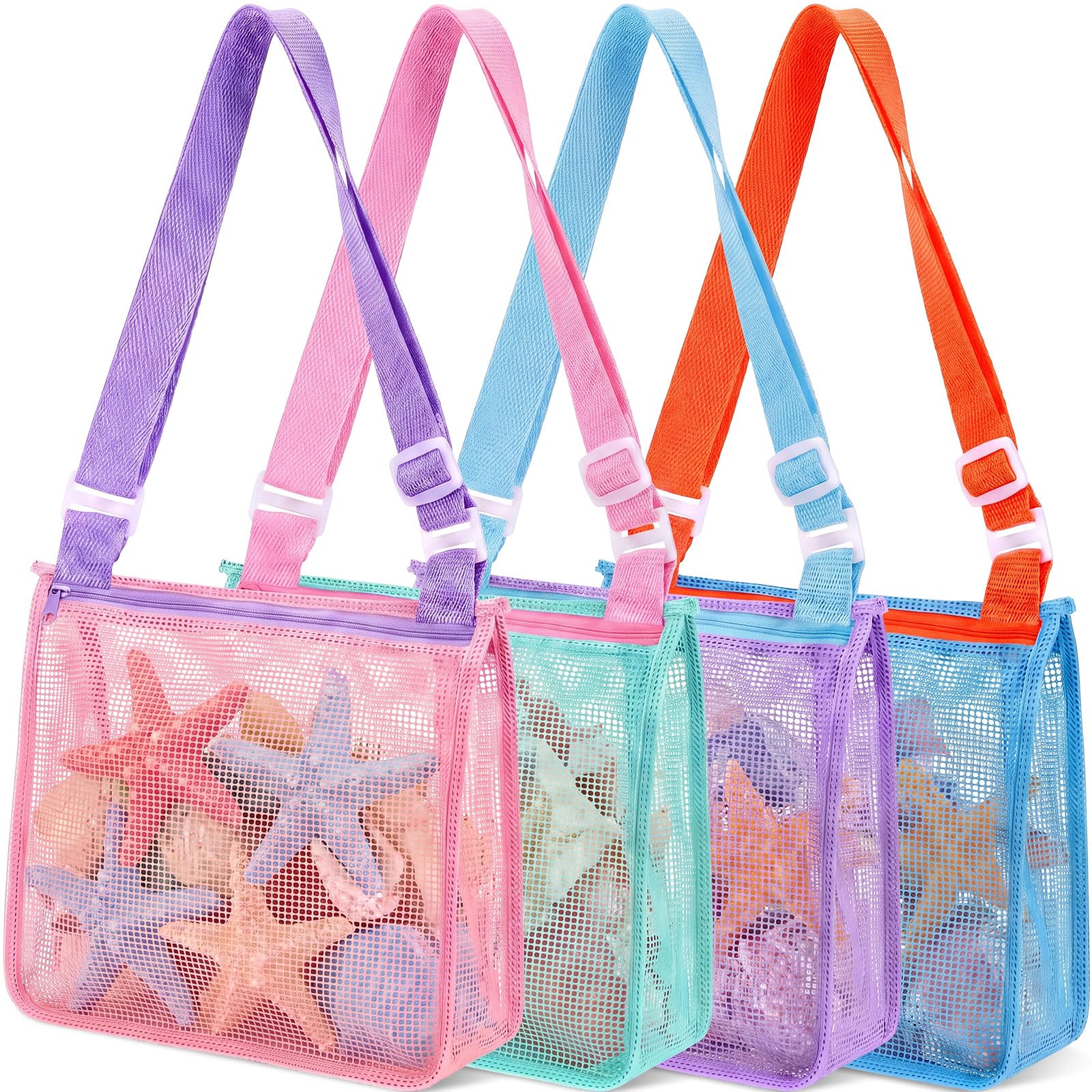 Frienda 4 Pack Mesh Beach Bags for Shell Collecting, Sand Toys, and Swimming Accessories - Assorted Colors