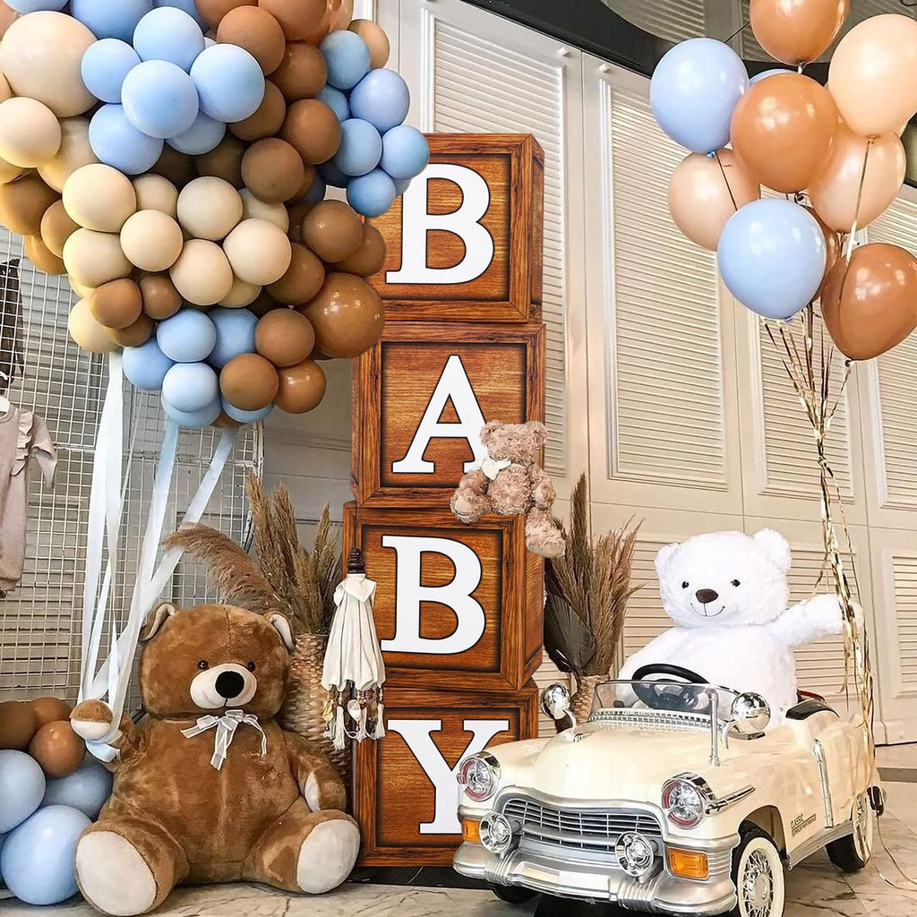 Frigg 4-Pack Wood Grain Baby Shower Boxes – Brown Teddy Bear Decor, Gender Reveal & Birthday Centerpiece Blocks