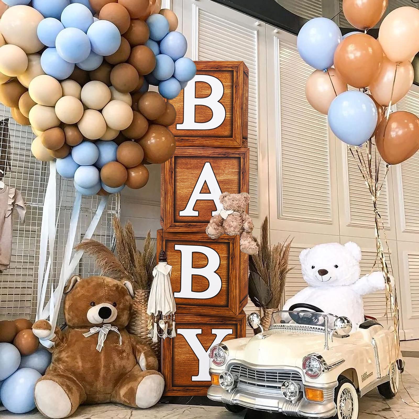 Frigg 4-Pack Wood Grain Baby Shower Boxes – Brown Teddy Bear Decor, Gender Reveal & Birthday Centerpiece Blocks