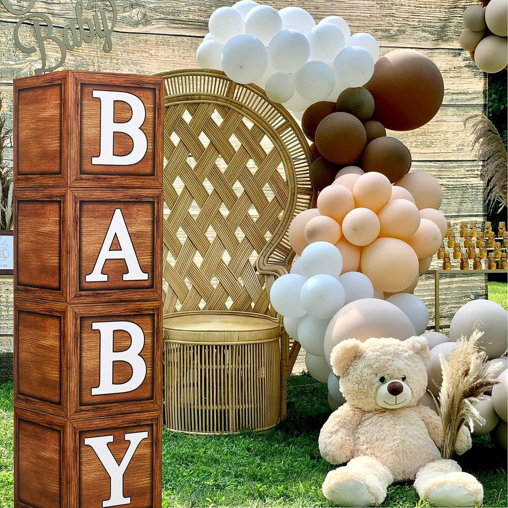 Frigg 4-Pack Wood Grain Baby Shower Boxes – Brown Teddy Bear Decor, Gender Reveal & Birthday Centerpiece Blocks