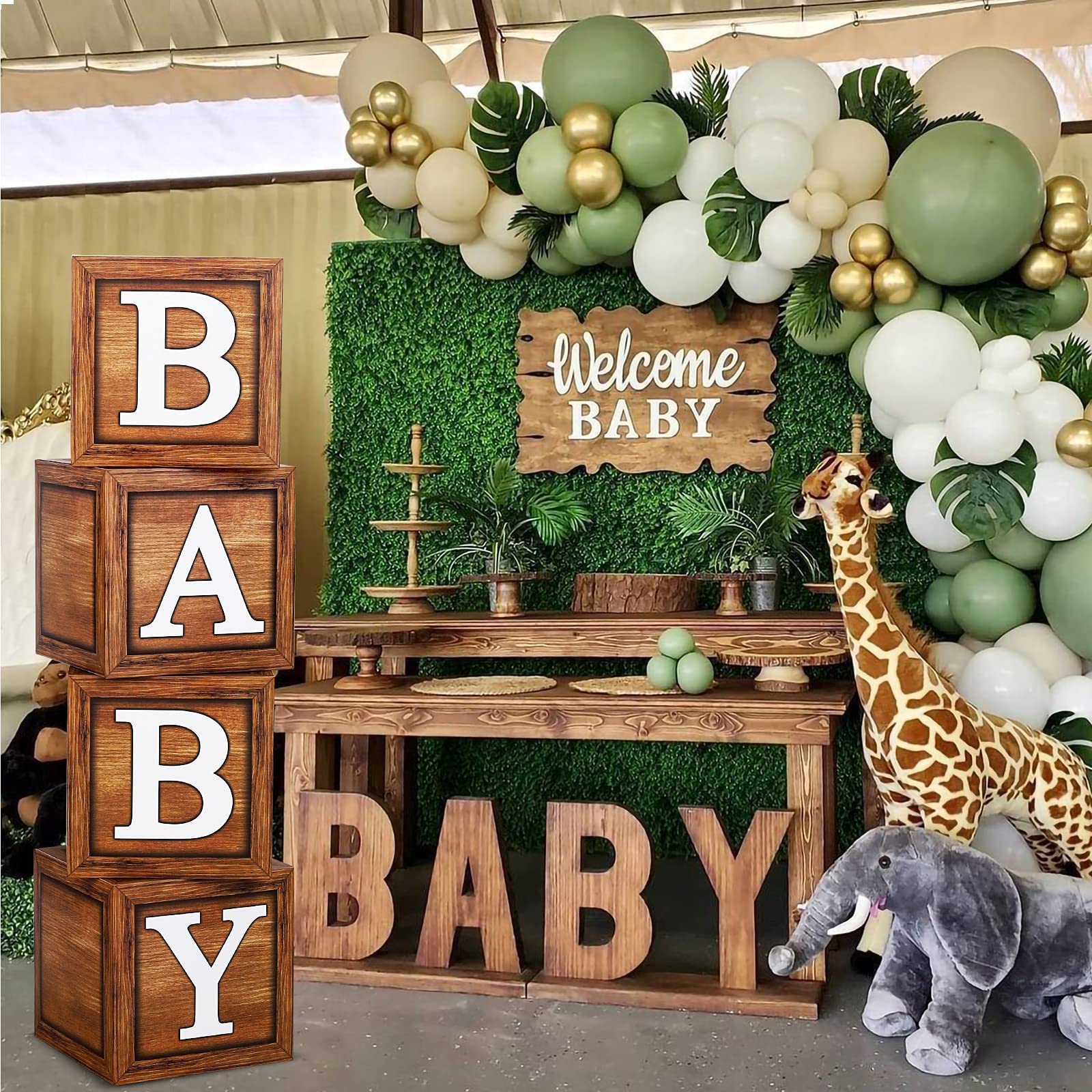 Frigg 4-Pack Wood Grain Baby Shower Boxes – Brown Teddy Bear Decor, Gender Reveal & Birthday Centerpiece Blocks